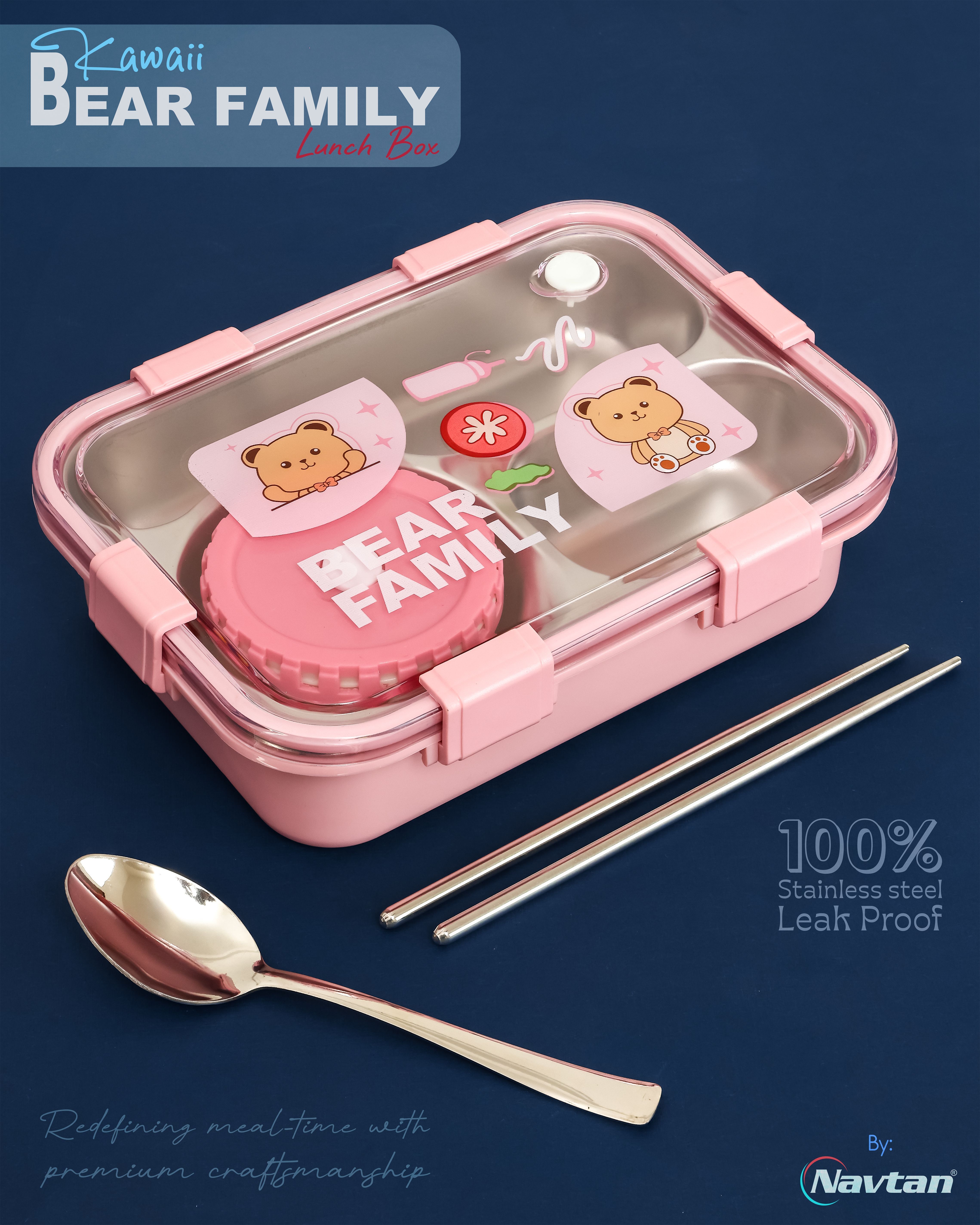 Kawaii Bear Family 3 Section Stainless Steel Lunch Box With Spoon & Chopsticks 3 Containers Lunch Box