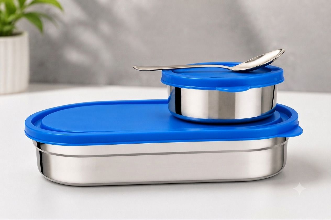 Air Tight Tiffin Box With 1 Spoon 2 Containers Stainless Steel Office Lunch Box-image-42