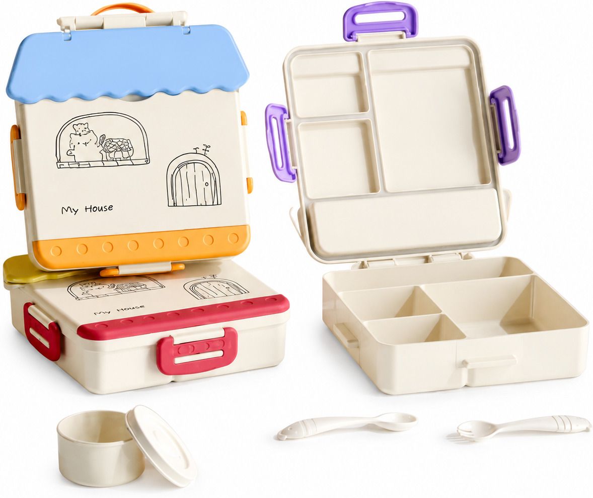 Kids House Shaped Lunch Box with Spoon & Fork 4 Compartment Bento Lunch Box Set 1 Containers Melamine School Lunch Box-image-4