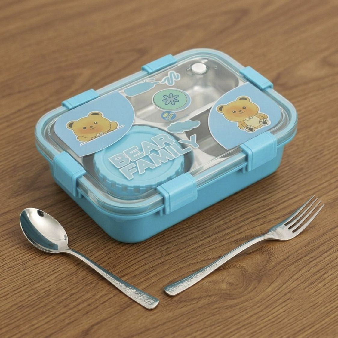 Kawaii Bear Family 3 Compartment Stainless Steel Lunch Box With Spoon & Fork Y28 3 Containers Plastic, Silicone, Stainless Steel School Lunch Box-image-20