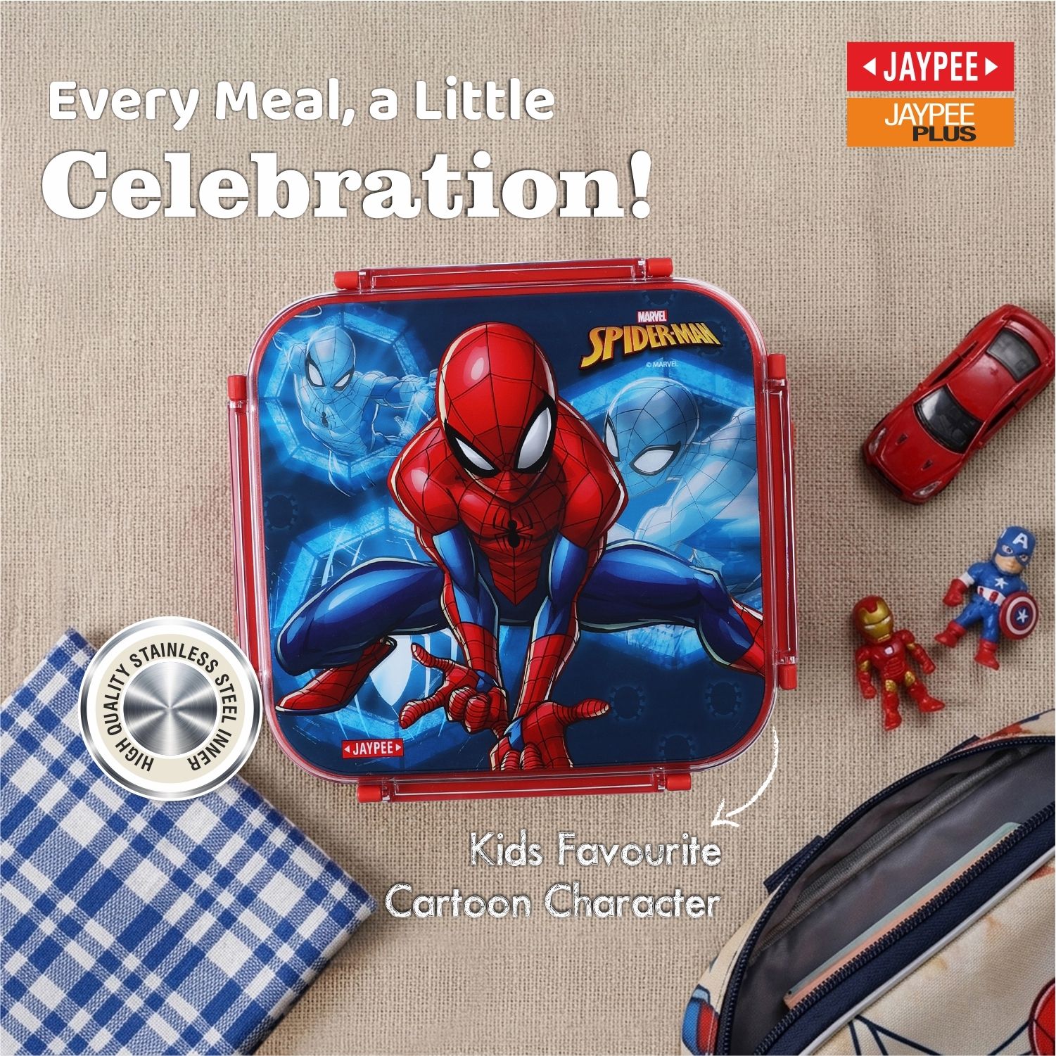 QUADRA Spiderman Lunch Box with 3 compartment for School Goers Gifting Multiuse 1 Containers Stainless Steel, Plastic School Lunch Box-image-7