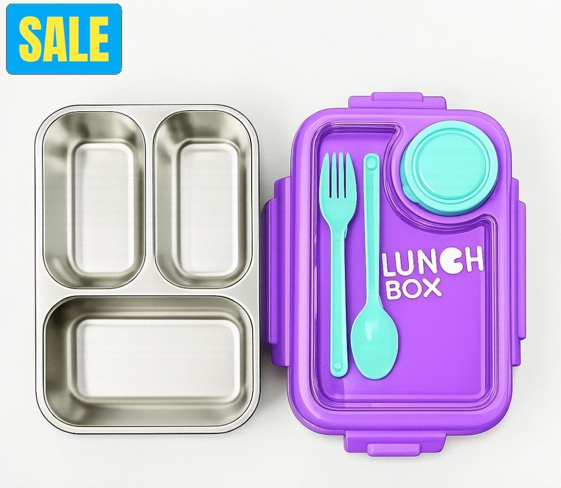 B316 Durable 3 Compartment Lunch Box with Secure Lock & Easy Carry Design 3 Containers Aluminium School Lunch Box-image-23