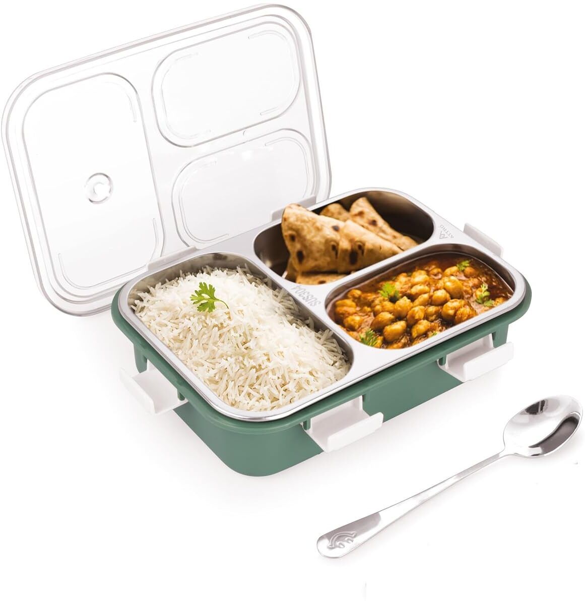 Stainless Steel 3 Compartment Lunch Box with Spoon | Leak-Proof Tiffin 3 Containers Polypropylene, Stainless Steel Office Lunch Box-image-30