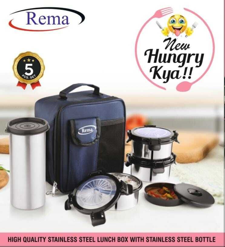 Hungry kya 3 Steel Containers + 1 Steel Chass Bottle + 1 Plastic Container + Bag 5 Containers Stainless Steel Office Lunch Box-image-42