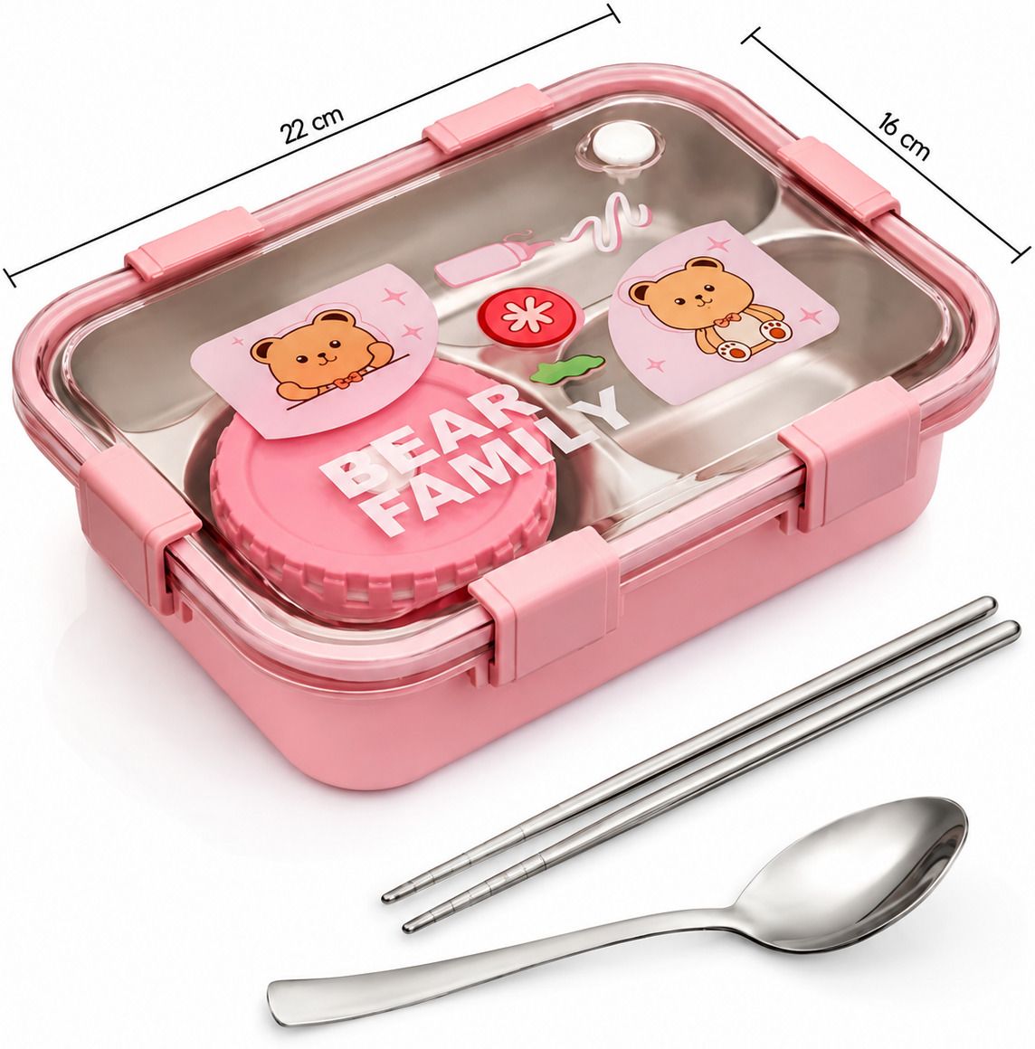 Kawaii Bear Family Steel Lunch Box Spoon & Chopsticks 3 Containers Stainless Steel School Lunch Box-image-34