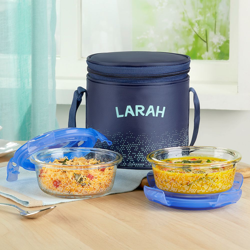 Speckle Blue Borosilicate Glass Lunchbox, 2pc Round Set (400ml x 2) Vertical 2 Containers Glass Office Lunch Box-image-30