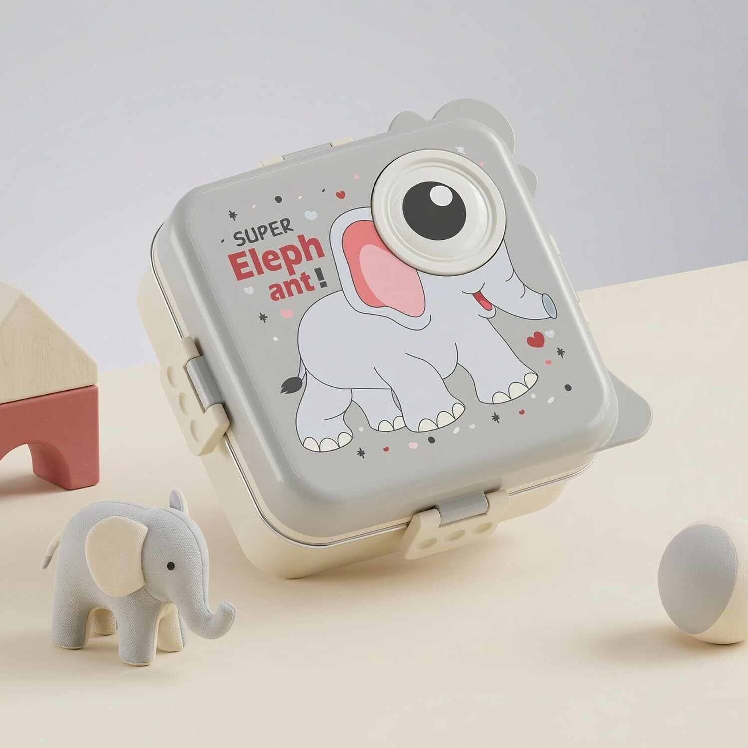 Elephant-shaped lunch box, stainless steel inner tray and a 3D animal design. 3 Containers Stainless Steel, Plastic School Lunch Box-image-5
