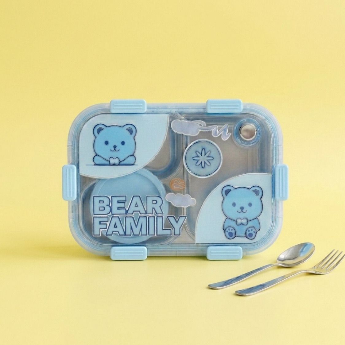 kyrios international Bear Family 3 Compartment Stainless Steel Lunch Box With Spoon & Fork KY4 3 Containers Plastic, Silicone, Stainless Steel School Lunch Box-picture-28