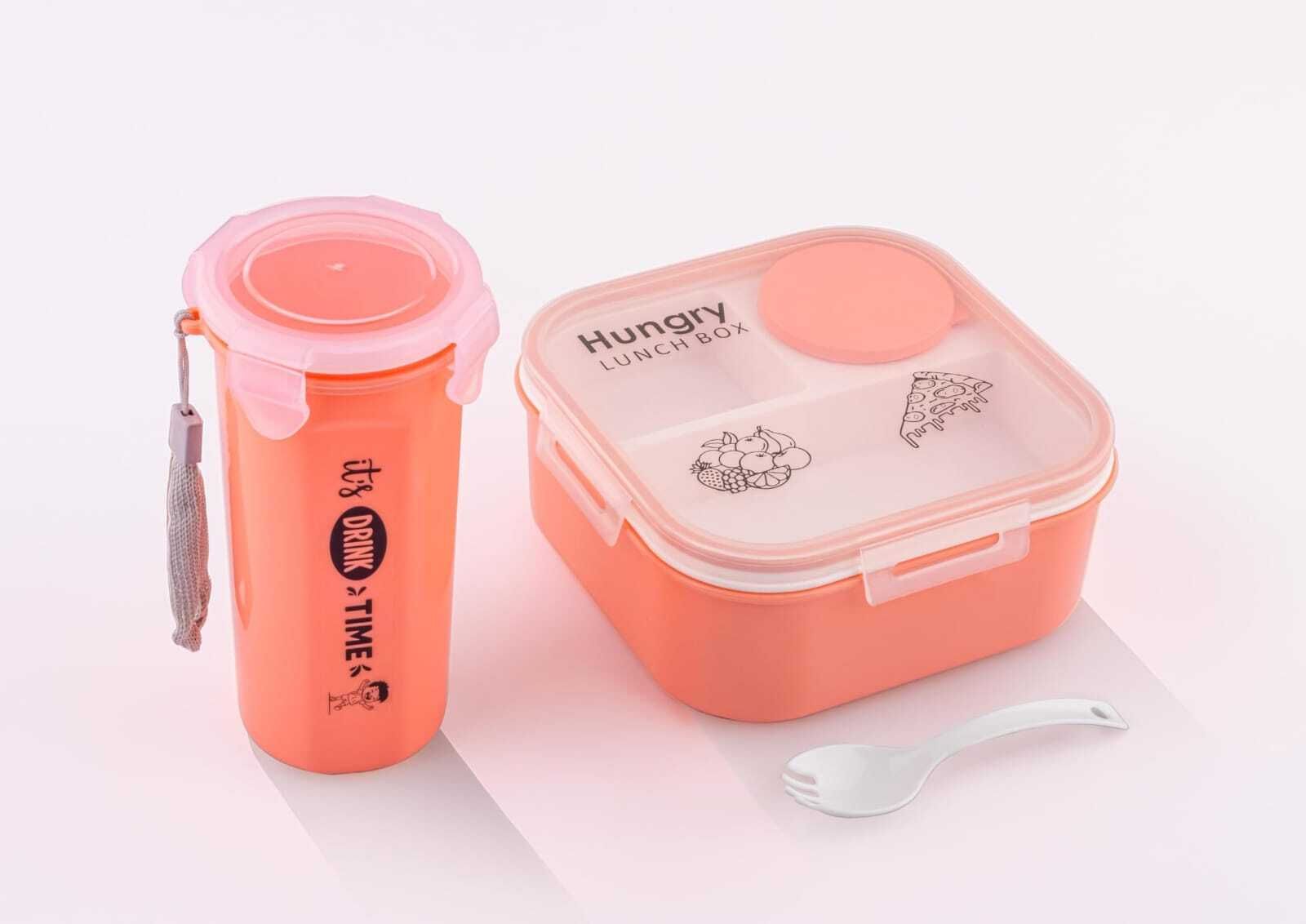Hungry Lunch Box Combo with Water Bottle | 3 Compartment Leakproof 4 Containers Plastic School Lunch Box-image-49