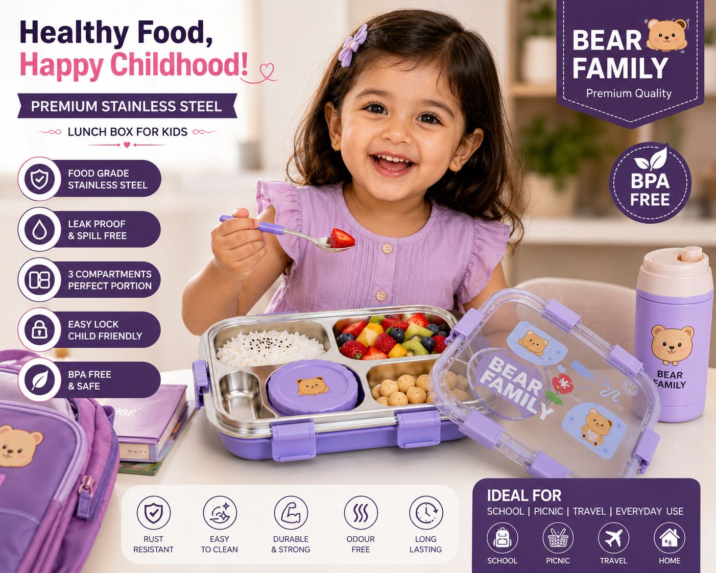 Premium Stainless Steel 3 Compartment Leakproof Kids Lunch Box 3 Containers Stainless Steel School Lunch Box-image-44