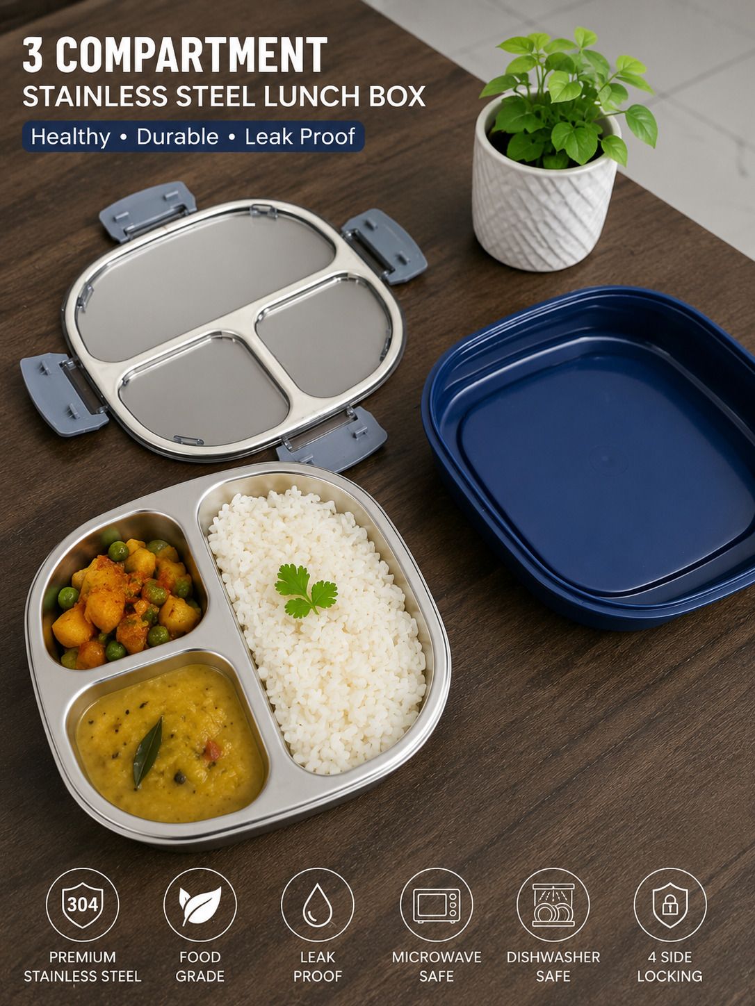 BENTO STYLE LUNCH BOX 3 Containers Plastic, Stainless Steel Office Lunch Box-image-15