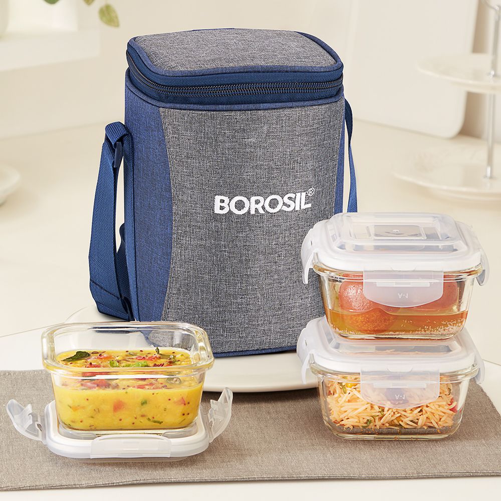 Alra Borosicate Glass Lunchbox, 3 pc Square Set (320 ml Each), Office Tiffin 3 Containers Lunch Box-image-9