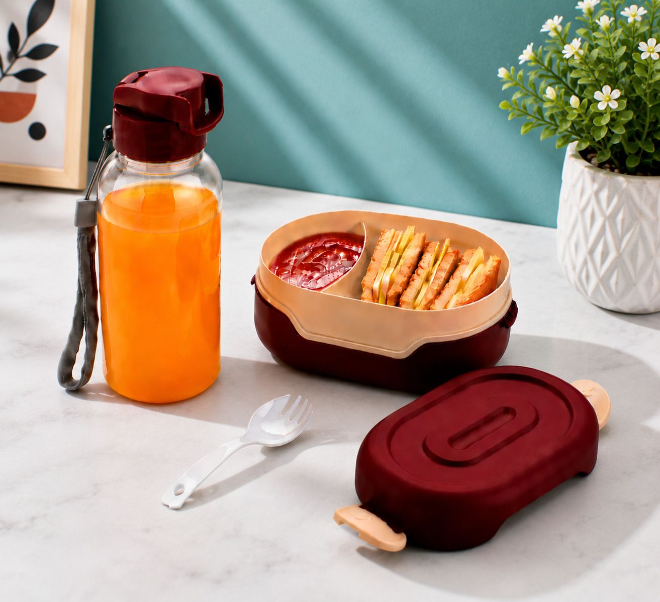 Airtight Lunch Box with Drinking Bottle and Spoon Set 1 Containers Plastic School Lunch Box-image-24