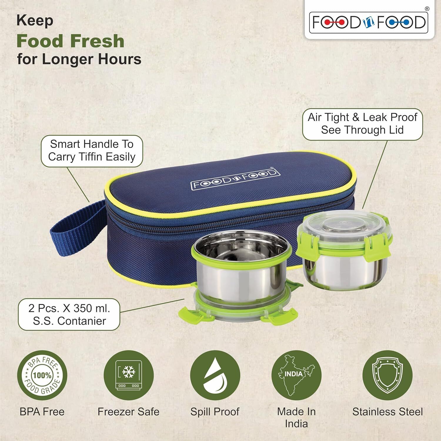 Stylock Buddy 2 Stainless Steel Containers (350 Ml Each) 1 Softline Bag 2 Containers Lunch Box-image-30