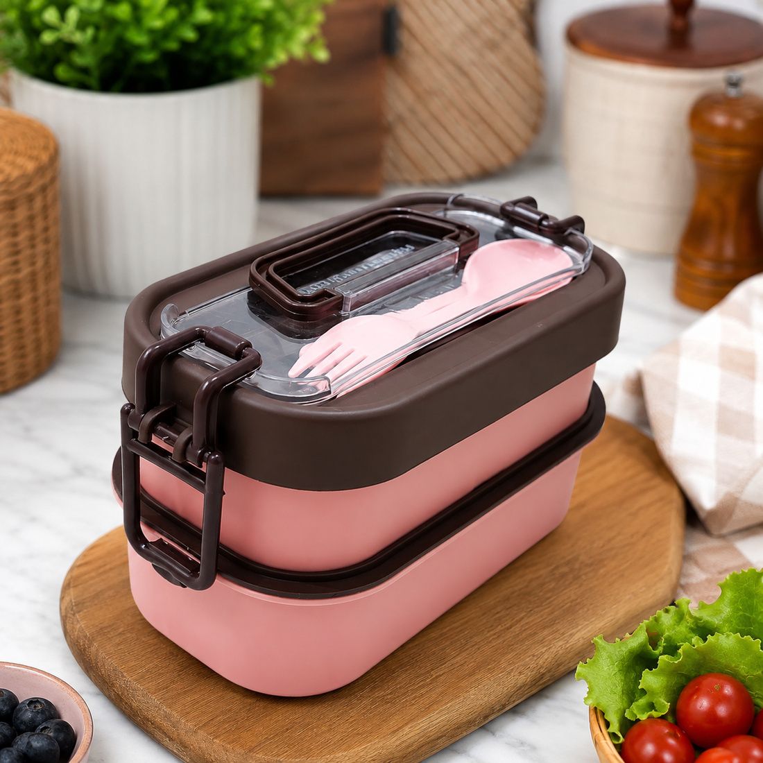 2 Tier Trendy Lunch Box with Spoon & Fork | Leakproof Food Storage Box 3 Containers Plastic School Lunch Box-image-34