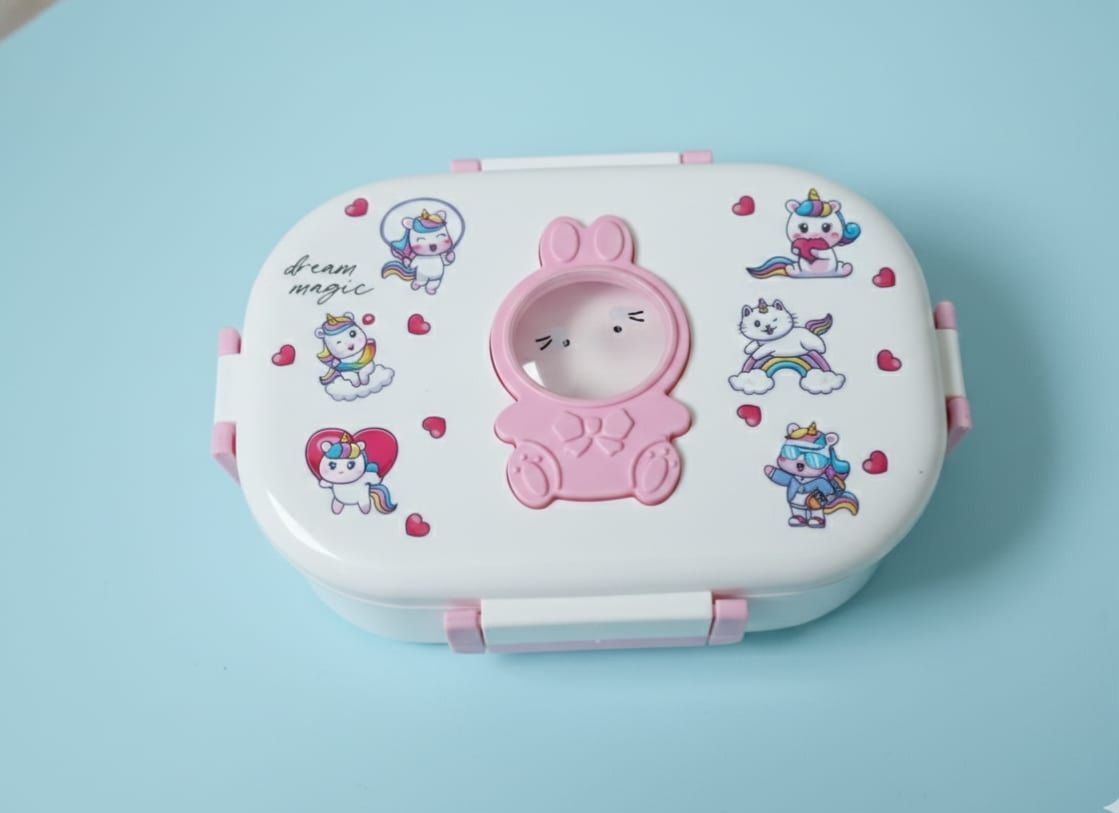 Cute Pink Bento Lunch Box Set with Fork & Snack Container 2 Containers Plastic School Lunch Box