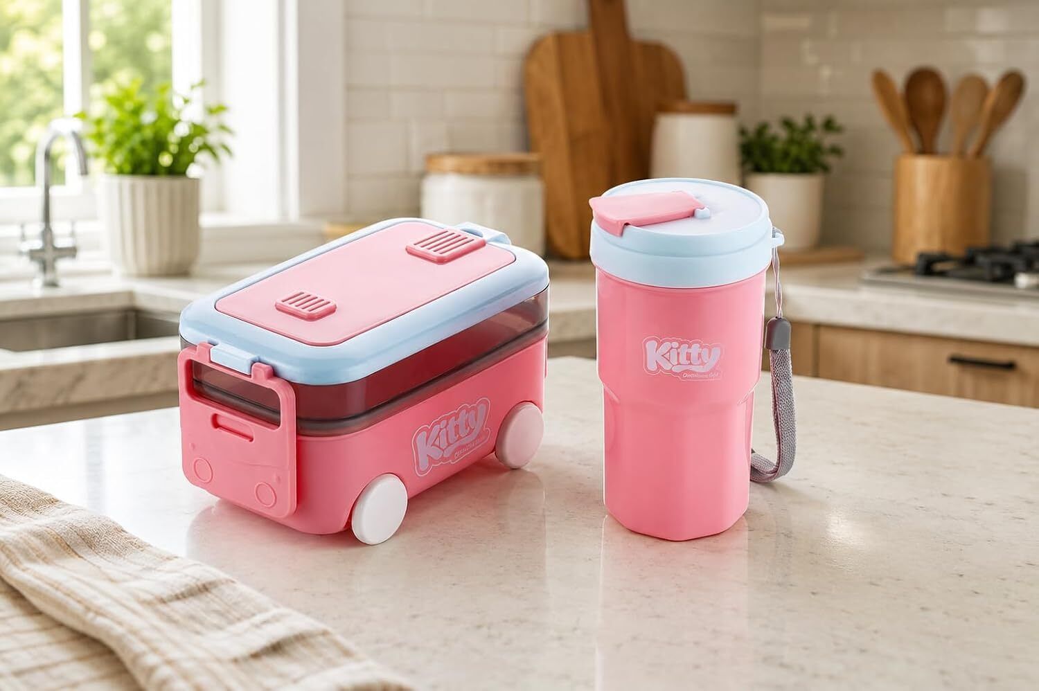 Cute Bus Shape Lunch Box With Tumbler And Wheels 2 Containers Polypropylene School Lunch Box-image-24