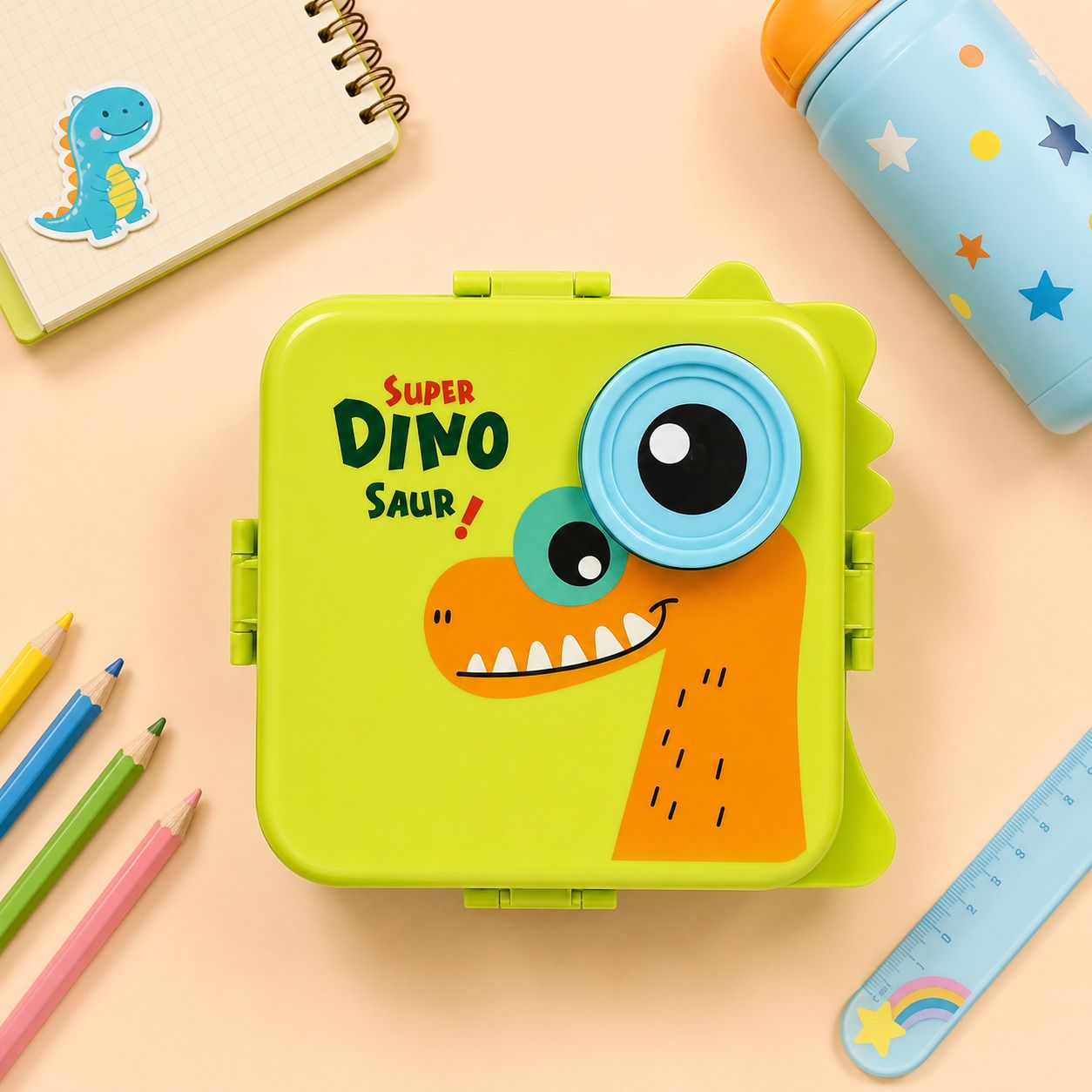 Dino Lunch Box 2 Layer Plastic Lunch Box with 1 Small Container & 1 Spoon B23 6 Containers Polypropylene School Lunch Box-image-18