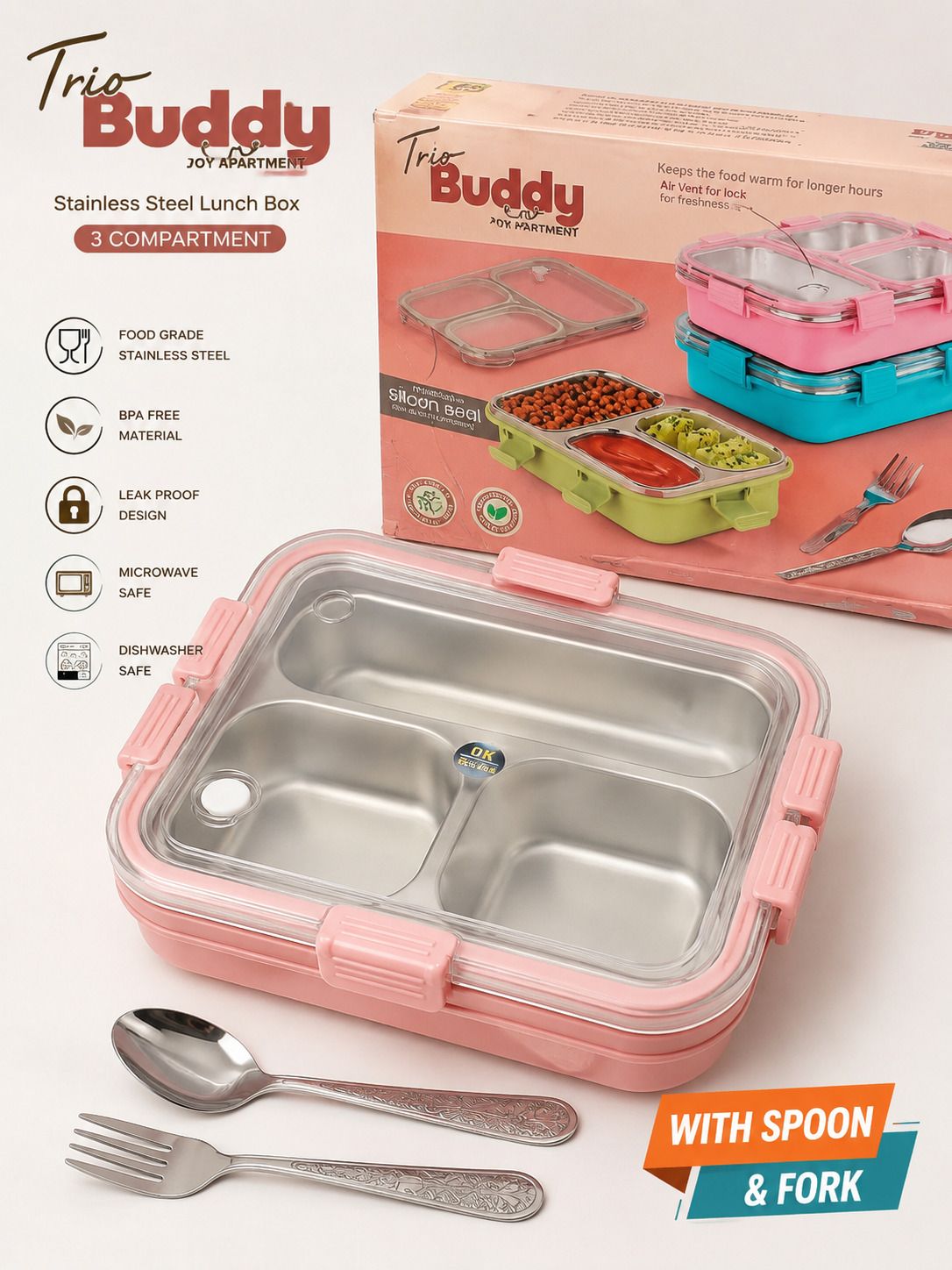 3Compartment stainless steel lunch box 1 Containers Polypropylene School Lunch Box-image-29
