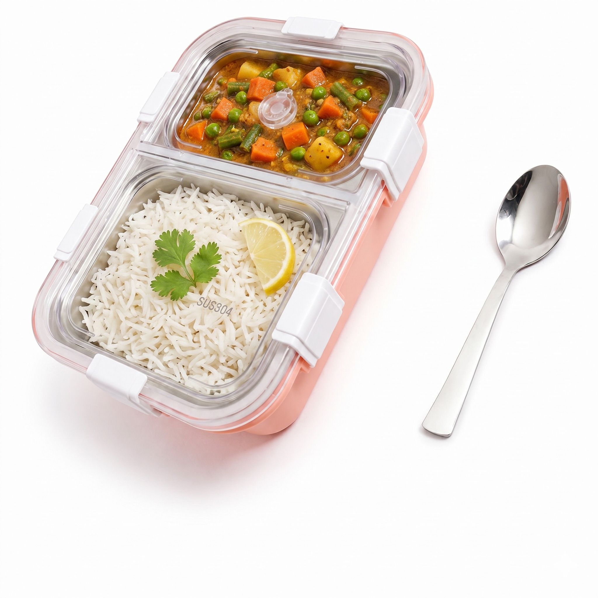Klip It Bento 2 Section Stainless Steel Lunch Box 2 Containers Stainless Steel, Plastic School Lunch Box-image-4