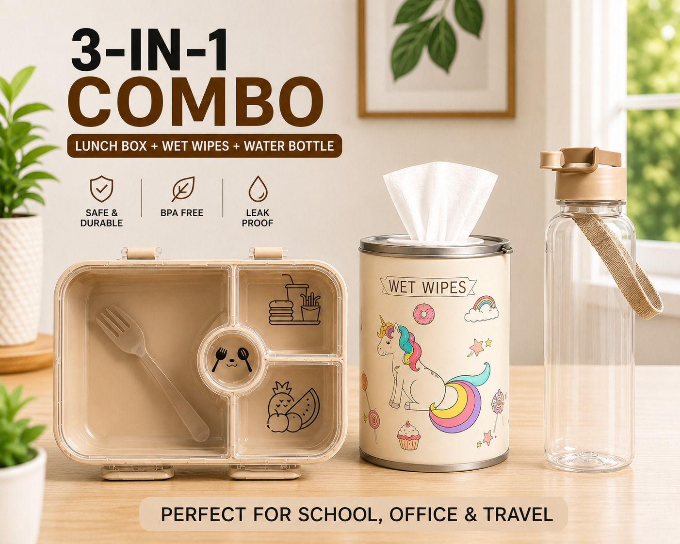 3-in-1 Kids Lunch Box Combo Set with Water Bottle & Wet Wipes Container 3 Containers Plastic School Lunch Box-image-35