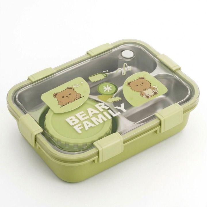 Stainless Steel Kids Lunch Box|Cute Bear Theme with Sauce Cup for School (Green) 1 Containers Plastic, Stainless Steel School Lunch Box-image-29