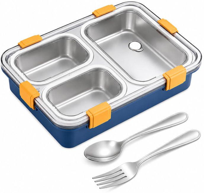 Stainless Steel Lunch Box, 3 Compartment, Leak Resistant | Spoon & Fork 1 Containers Aluminium, Plastic School Lunch Box-image-44