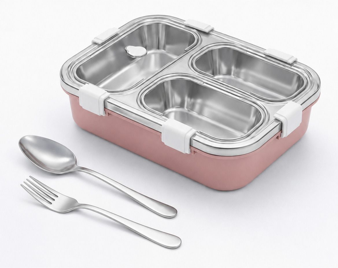 3 Compartment Lunch Box, Stainless Steel 100% Leak Proof with a Fork, a Spoon 3 Containers Stainless Steel Office Lunch Box-image-18