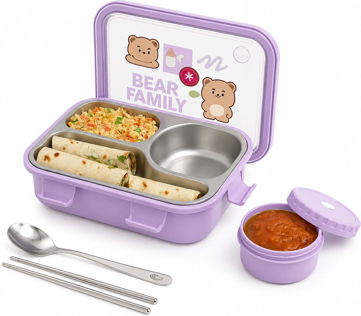 Bear Family Lunch Box with Spoon & Chopsticks 1 Containers Stainless Steel School Lunch Box-image-26