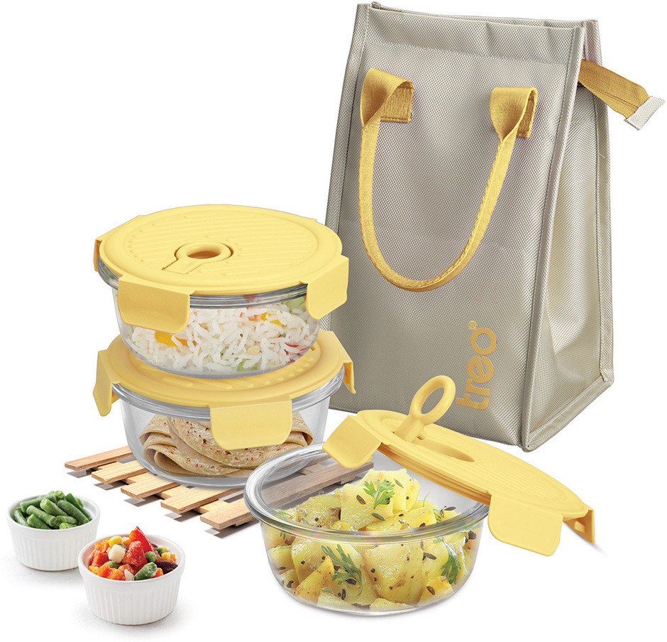 treo Lumino Fresh Round Borosilicate Glass Lunch Box Set of 3 Yellow 400ml Each & Bag 3 Containers Lunch Box image 1