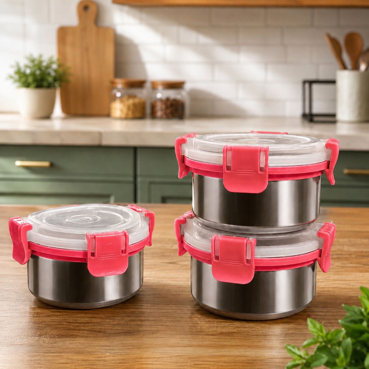 |LEAKPROOF STAINLESS STEEL LUNCH BOX|(SET OF 2)| 3 Containers Stainless Steel School Lunch Box-image-48