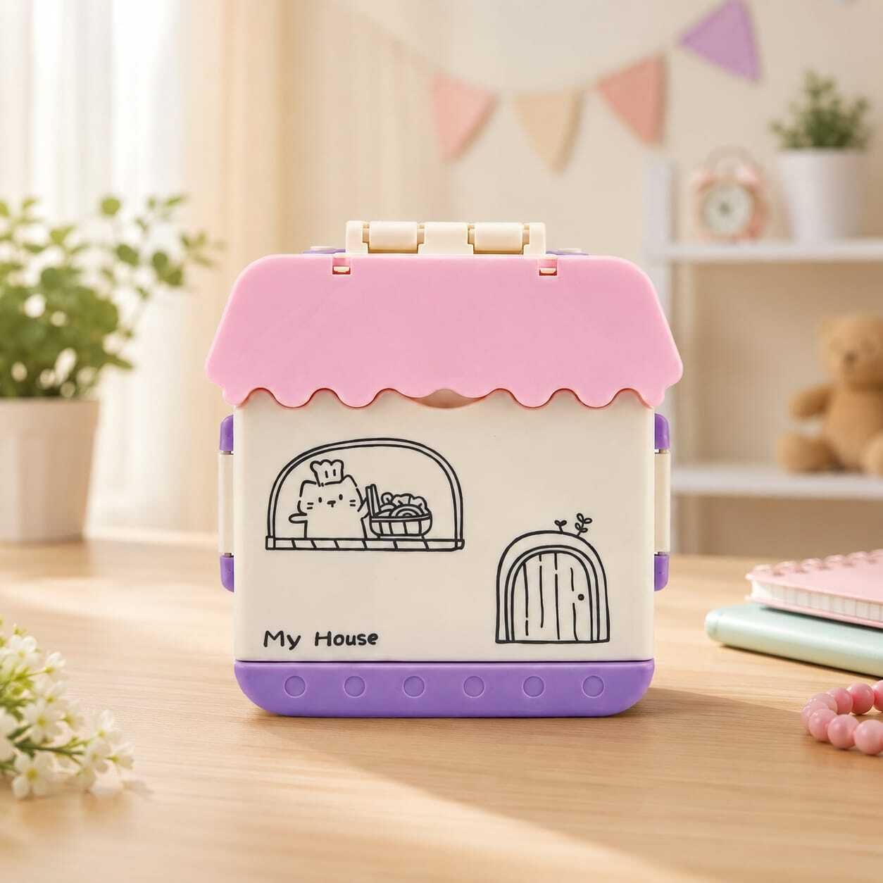 Portable House Shape Kids Lunch Box | 4 Section Bento Tiffin 4 Containers Plastic School Lunch Box-image-29