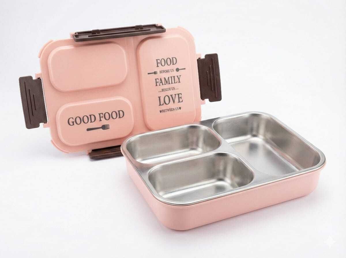 KN-LNCH-0101 3 Containers Plastic, Stainless Steel School Lunch Box-image-20