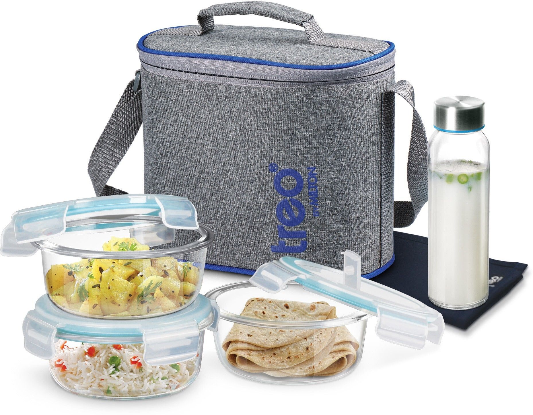 treo All Fresh Premier Glass Tiffin Set of 5 (3 Containers, 1 Bottle, 1 Dinning Mat) 3 Containers Lunch Box-picture-26
