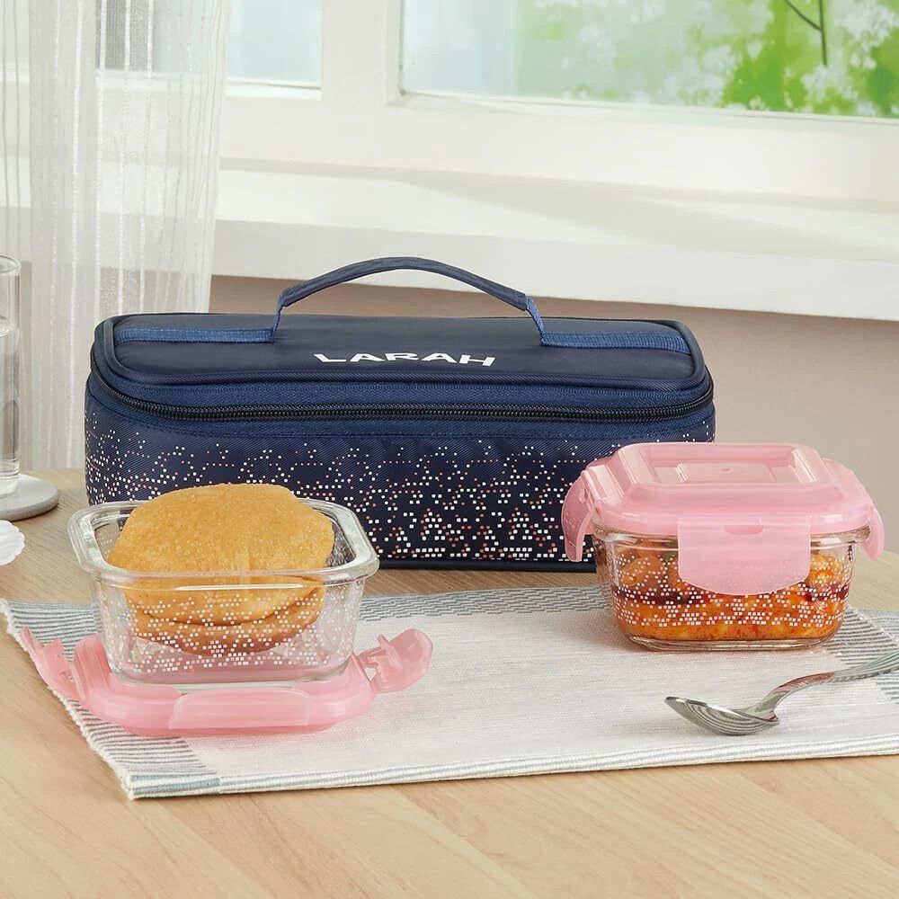 Speckle Pink Borosilicate Glass Tiffin, (320ml x 2) Horizontal, Square 2 Containers Glass Office Lunch Box-image-27