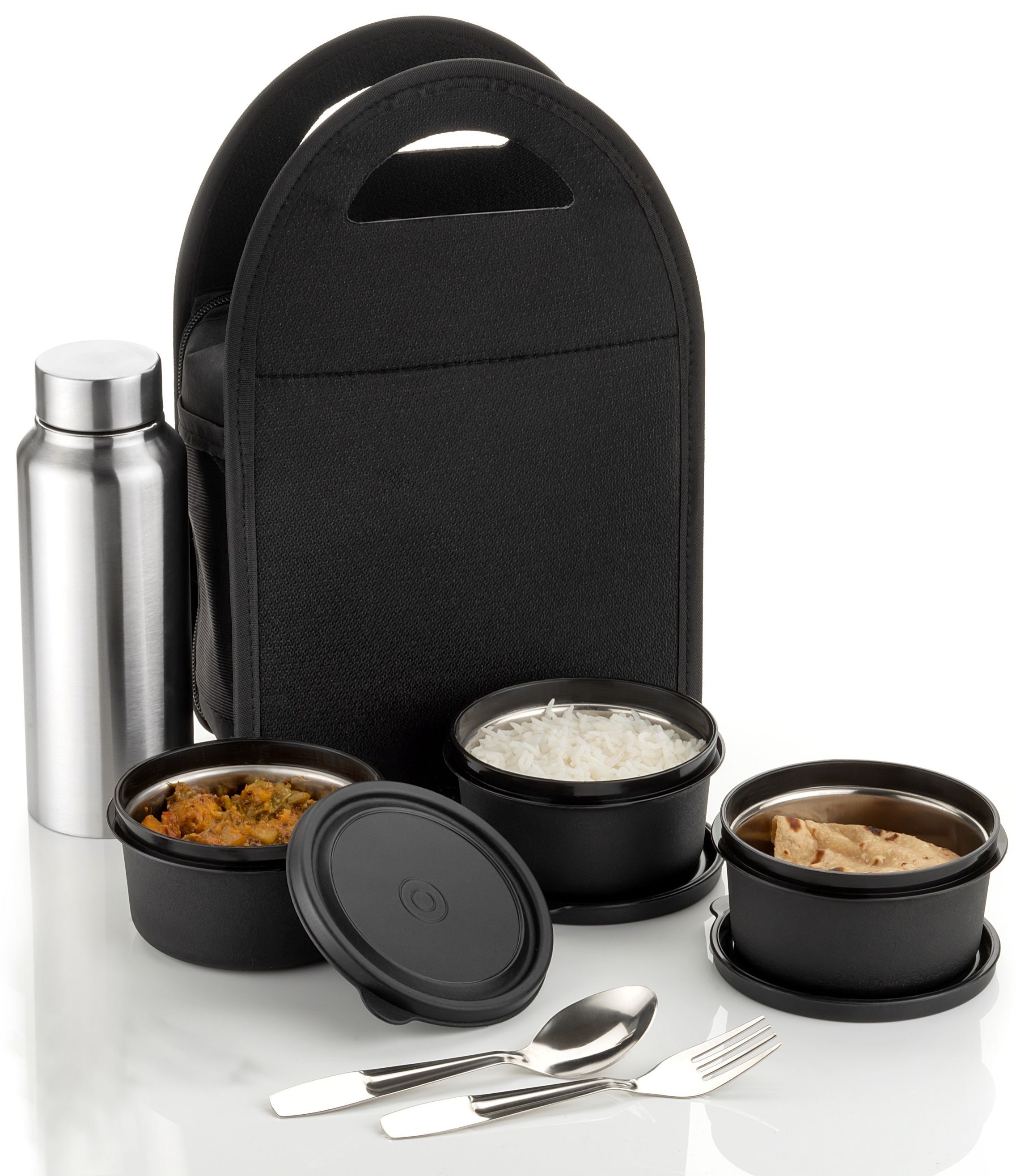 NEW LUNCHBOX SET WITH 3 CONTAINER 1 STEEL BOTTLE & SPOON SET 3 Containers Stainless Steel Office Lunch Box-image-16