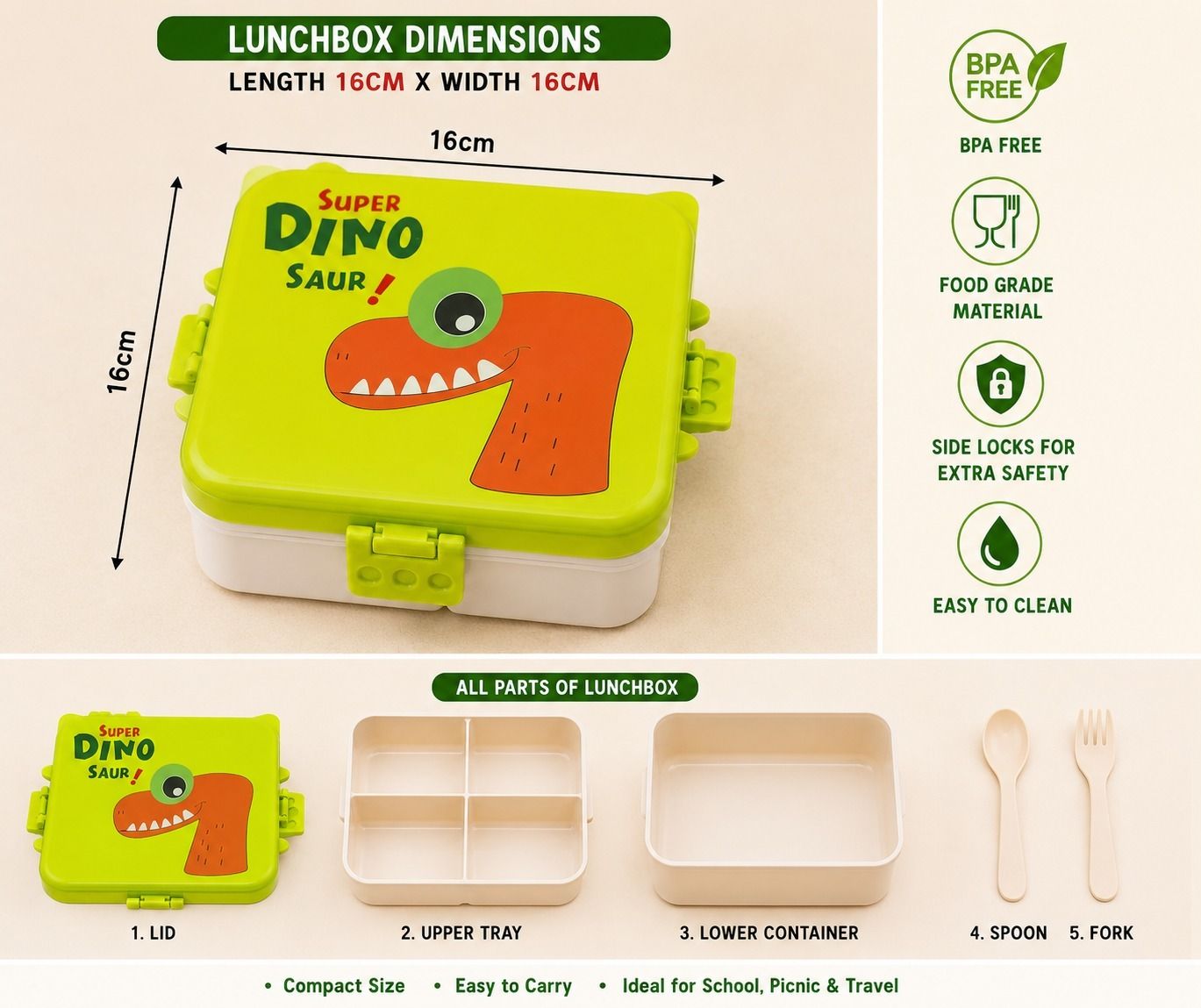 Cute Dinosaur Design Lunch Box for School Kids with Secure Locks 3 Containers Stainless Steel School Lunch Box-image-33