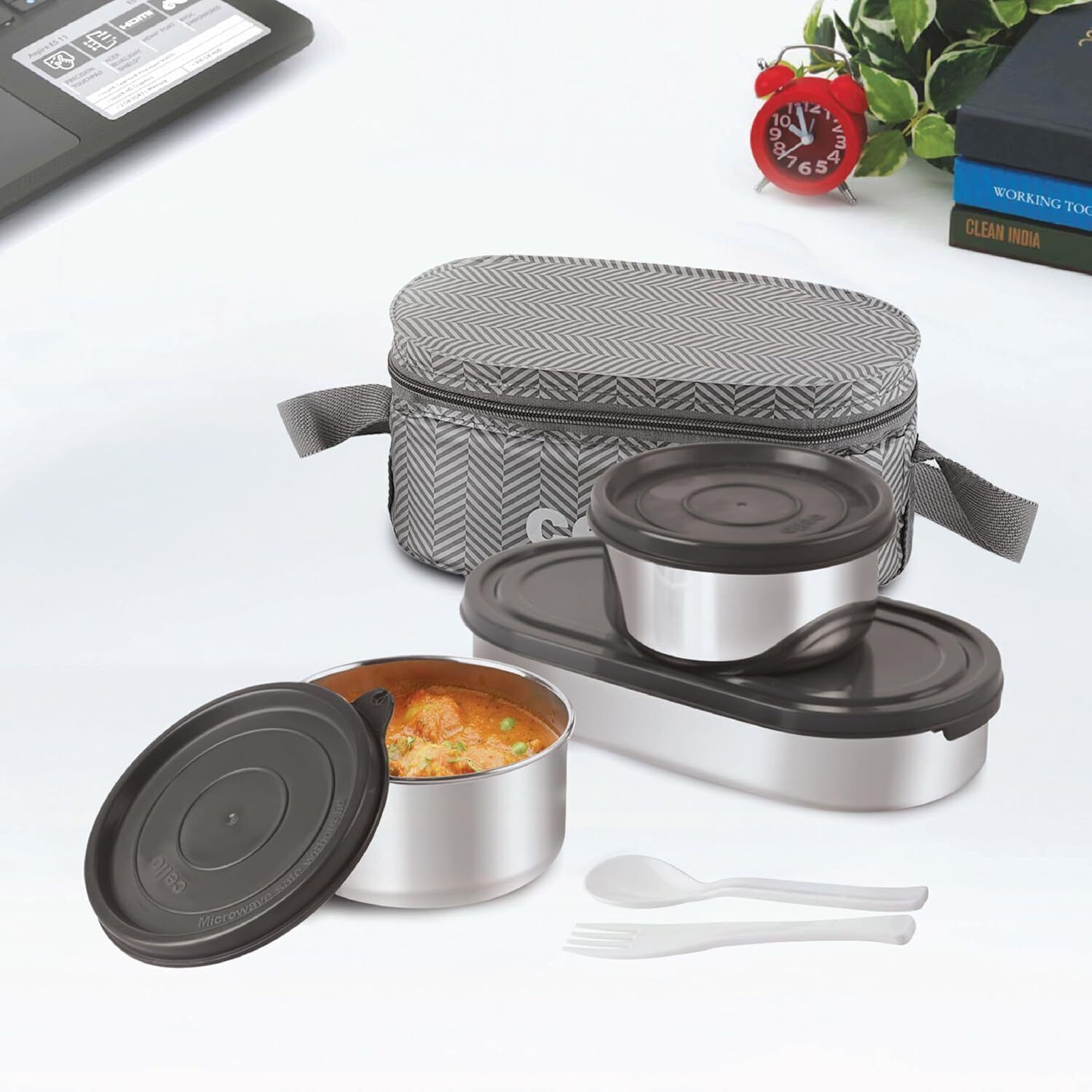 cello Bite Buddy Deluxe SS 2 x Container, 500ml Oval Container & Spoon Fork Set, Grey 3 Containers Stainless Steel Office Lunch Box-picture-20
