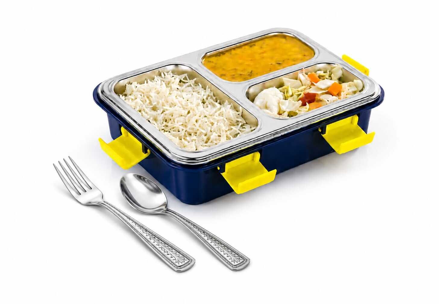 3 Compartment Stainless Steel Lunch Box with Leakproof Lid & Spoon Fork 1 Containers Stainless Steel School Lunch Box-image-19