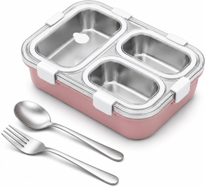 Stainless Steel pink Lunch Box, 3 Compartment, Leak proof | Spoon & Fork 1 Containers Aluminium, Plastic School Lunch Box-image-18