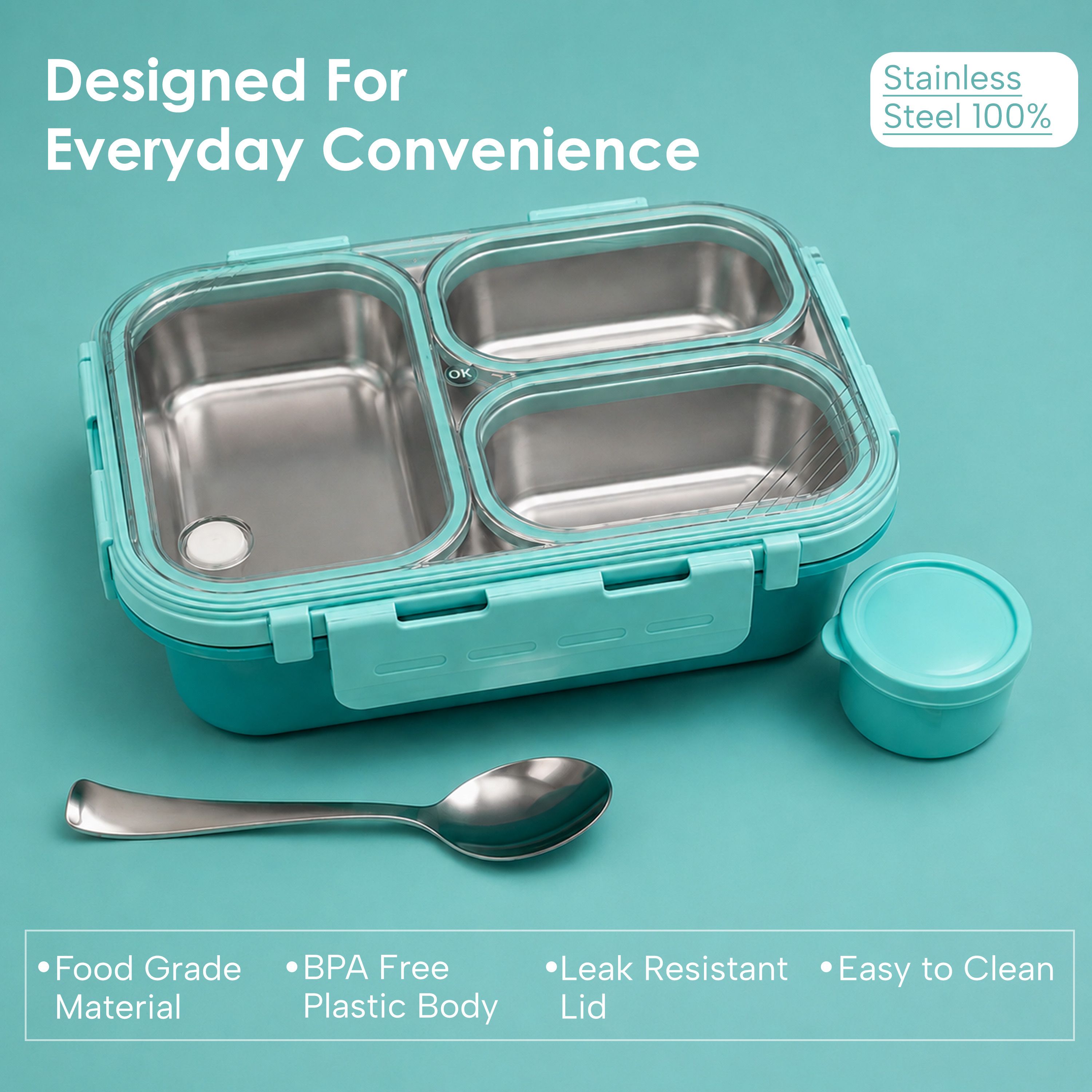 Mint Green Lunch box 3 Containers Stainless Steel School Lunch Box-image-33