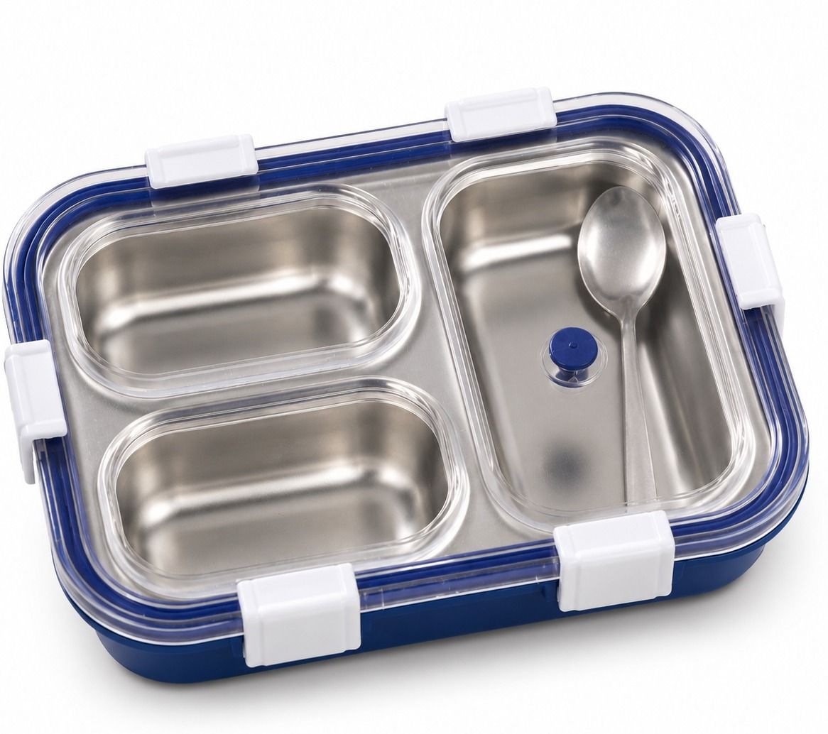 3 Compartment Leakproof Stainless Steel Lunch Box with Spoon | Blue | 1 Containers Stainless Steel College Lunch Box-image-29