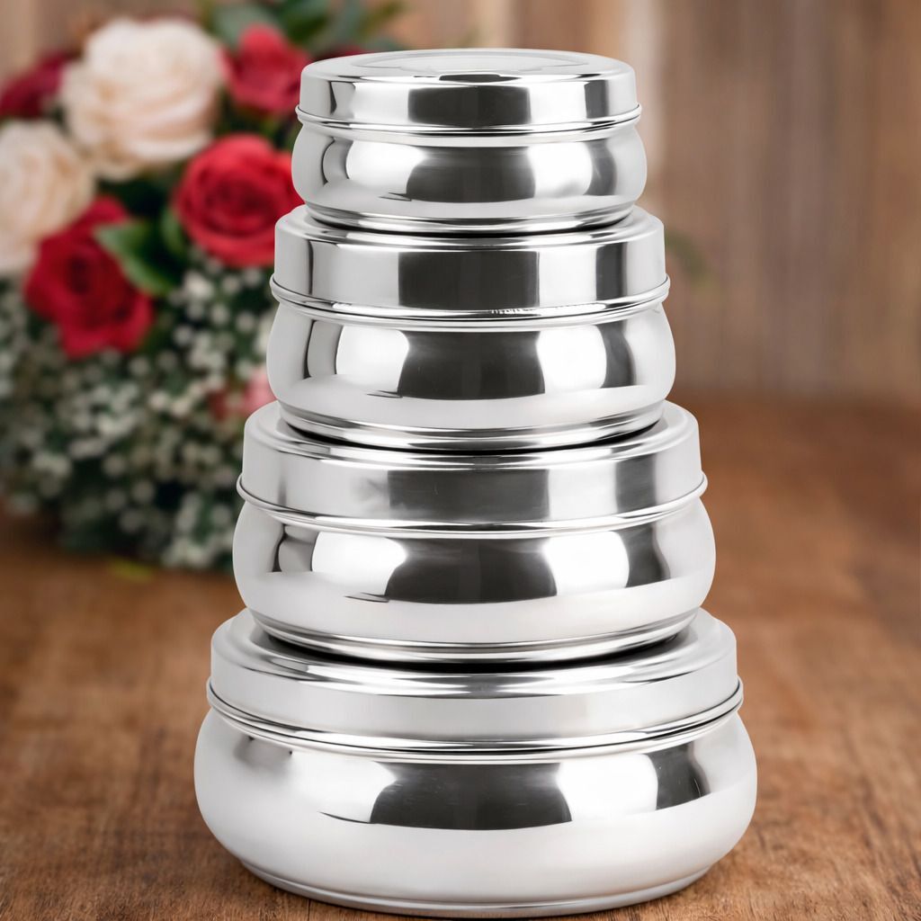 Stainless Steel Jar/Kitchen Dabbi/food grade-250ml,450ml,650ml,900ml 4 Containers Stainless Steel School Lunch Box-image-32