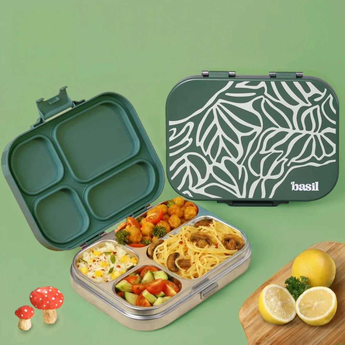 basil Stainless Steel 4-Compartment Bento Lunch Box, BPA-Free Lid, 800ml Emerald Moss 4 Containers Stainless Steel Office Lunch Box-picture-20
