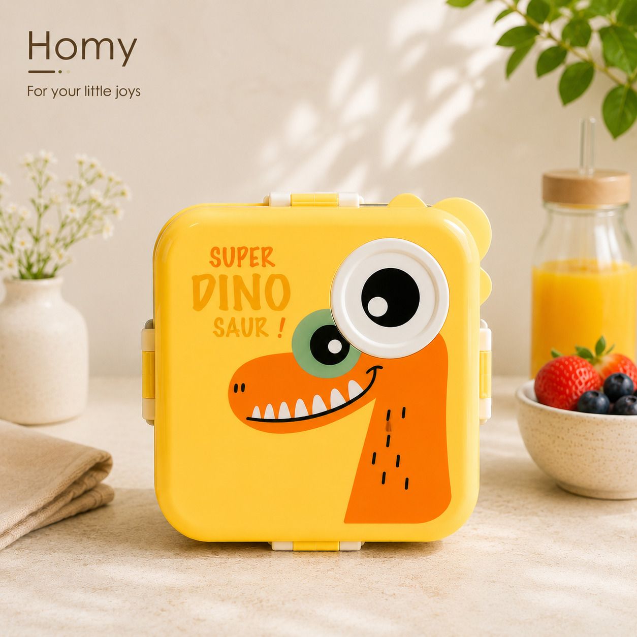 Trendy Dino Yellow 3 compartment Double Layer 1 Containers Stainless Steel School Lunch Box-image-28
