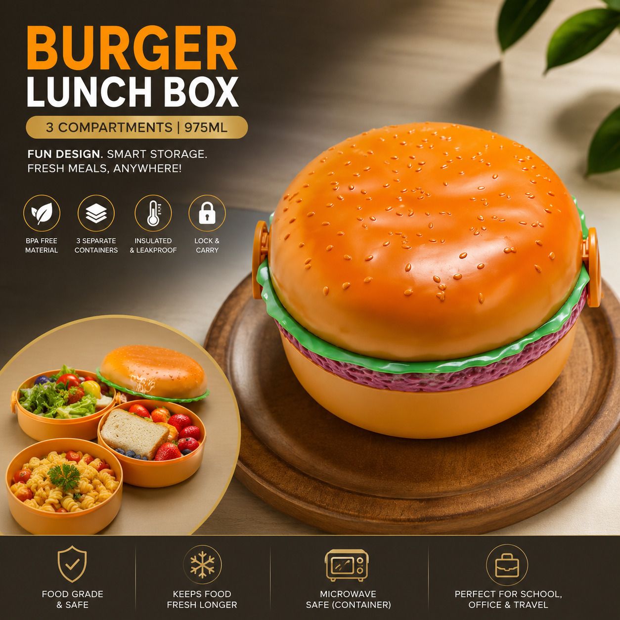 Burger Shaped Lunch Box with Spoon & Fork 3 Containers Plastic School Lunch Box-image-20