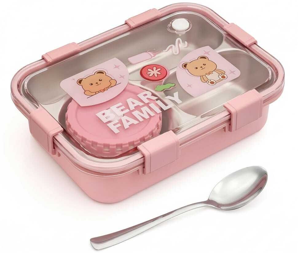 Bear Family 3 Compartment Stainless Steel Lunch Box 900 ML With Soup box 3 Containers Stainless Steel School Lunch Box-image-3