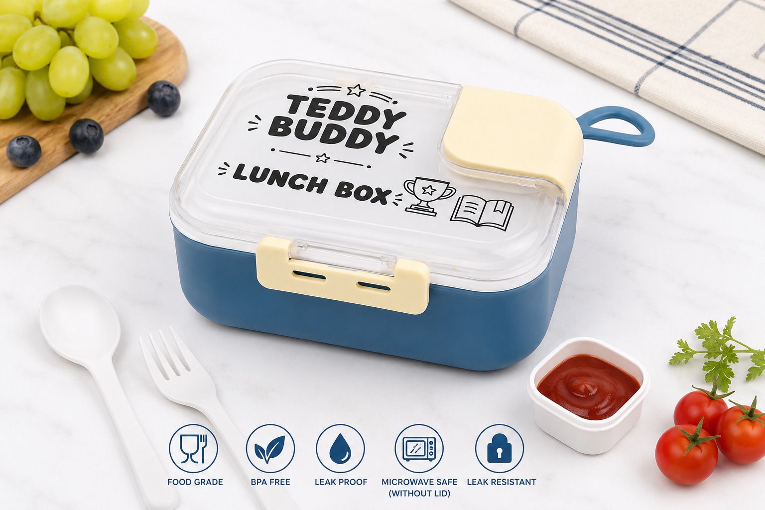 Teddy Buddy Leakproof Lunch Box with Spoon & Fork | 4 Compartment Tiffin 4 Containers Plastic School Lunch Box-image-42