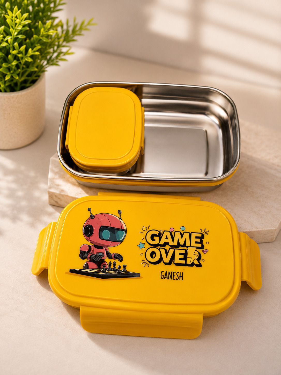 Stainless Steel Kids Lunch Box with Airtight Yellow Cartoon Game Over Lid 1 Containers Plastic, Stainless Steel School Lunch Box-image-2