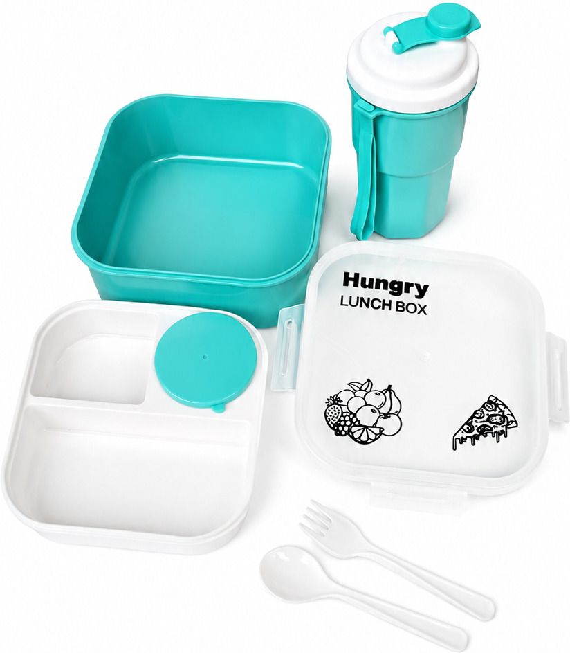 Hungry Lunch Box Set with Water Bottle, Spoon & Fork Sky Blue 2 Containers Plastic School Lunch Box-image-45
